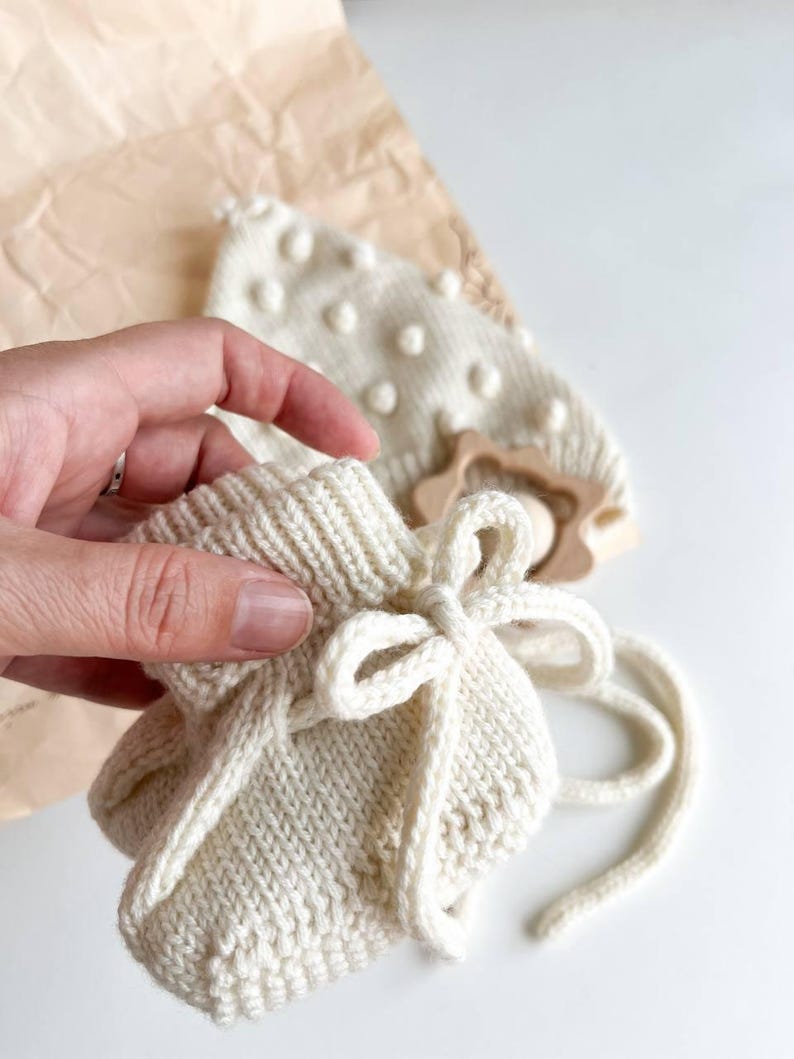 Knit Merino Wool Baby Set: Bonnet, Booties, and Rattle