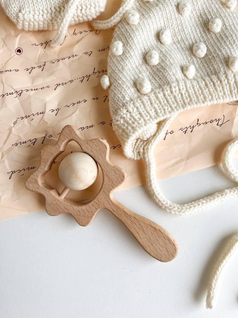 Knit Merino Wool Baby Set: Bonnet, Booties, and Rattle