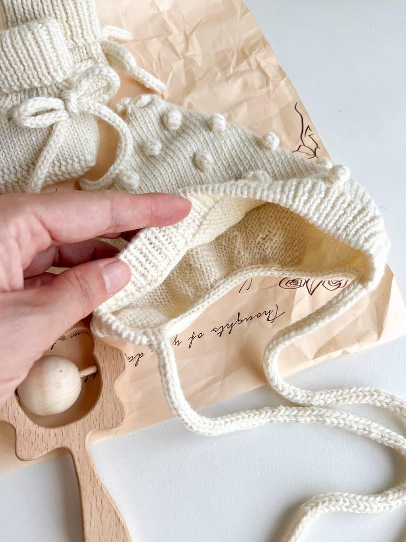 Knit Merino Wool Baby Set: Bonnet, Booties, and Rattle