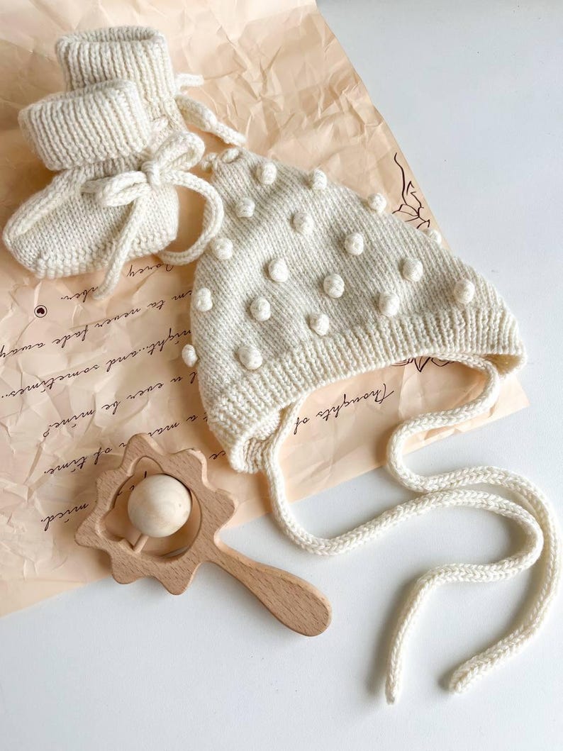 Knit Merino Wool Baby Set: Bonnet, Booties, and Rattle