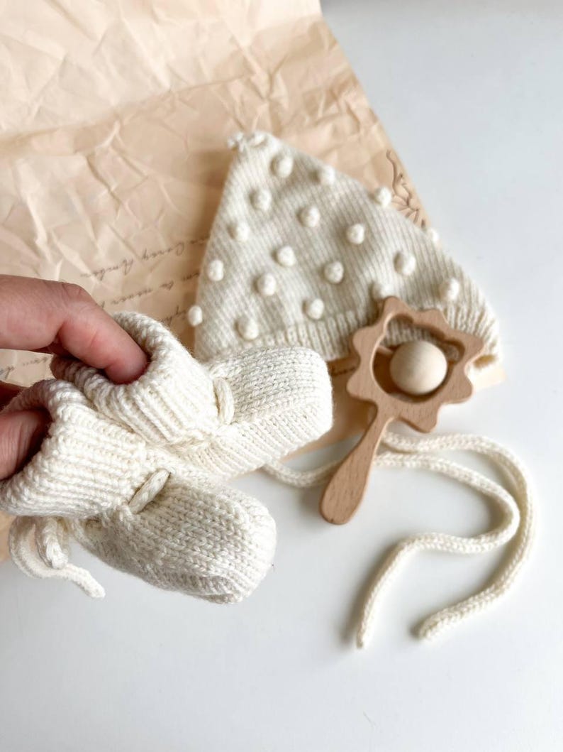 Knit Merino Wool Baby Set: Bonnet, Booties, and Rattle
