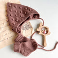Knit Merino Wool Baby Outfit: Bonnet, Socks & Wooden Rattle