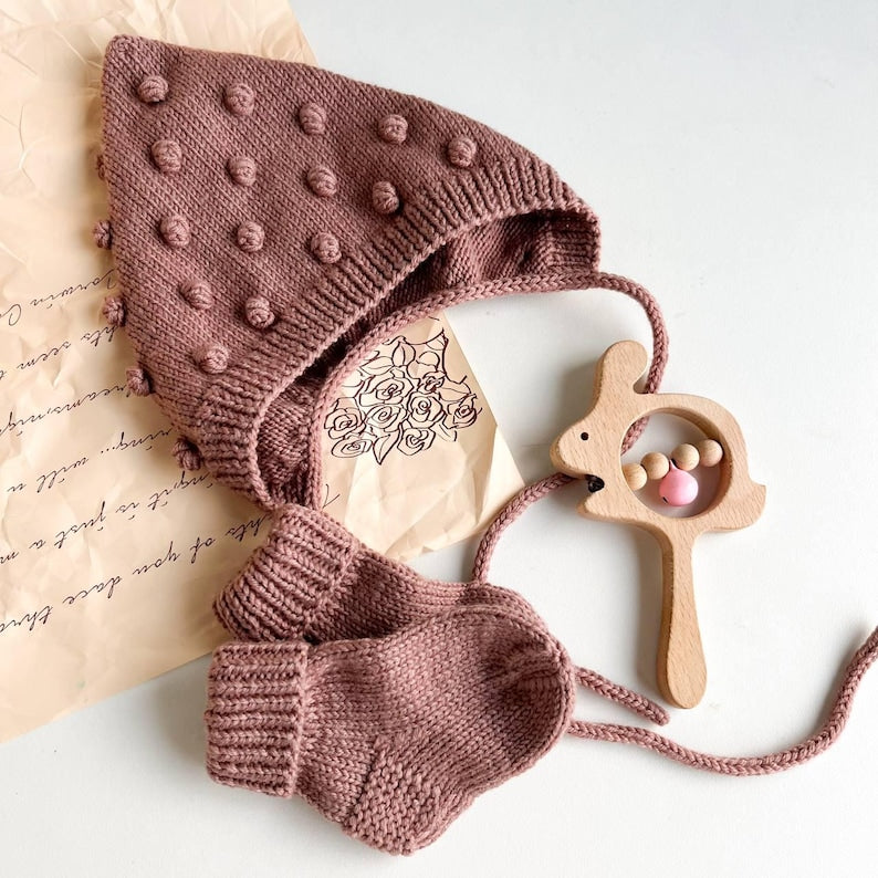 Knit Merino Wool Baby Outfit: Bonnet, Socks & Wooden Rattle