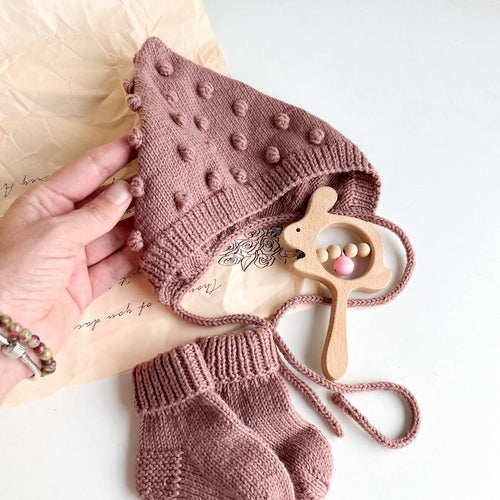 Knit Merino Wool Baby Outfit: Bonnet, Socks & Wooden Rattle