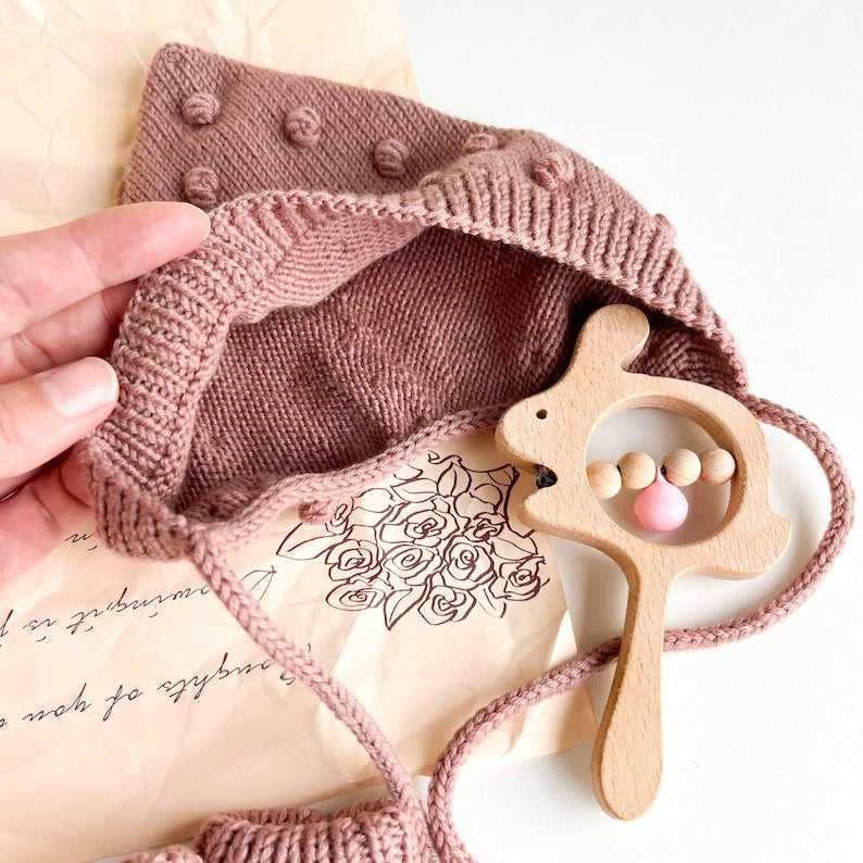 Knit Merino Wool Baby Outfit: Bonnet, Socks & Wooden Rattle