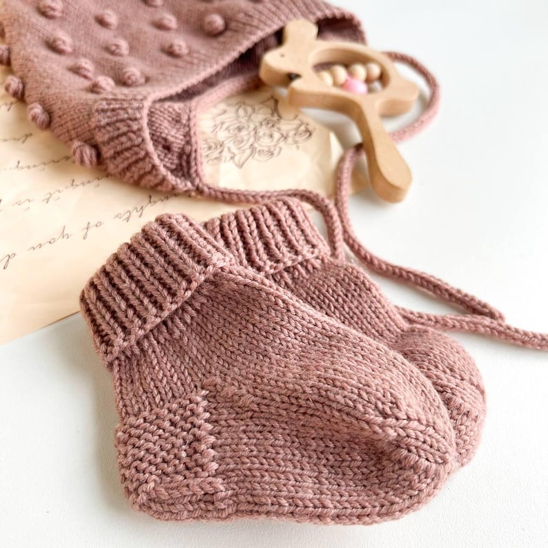 Knit Merino Wool Baby Outfit: Bonnet, Socks & Wooden Rattle