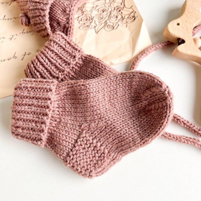 Knit Merino Wool Baby Outfit: Bonnet, Socks & Wooden Rattle