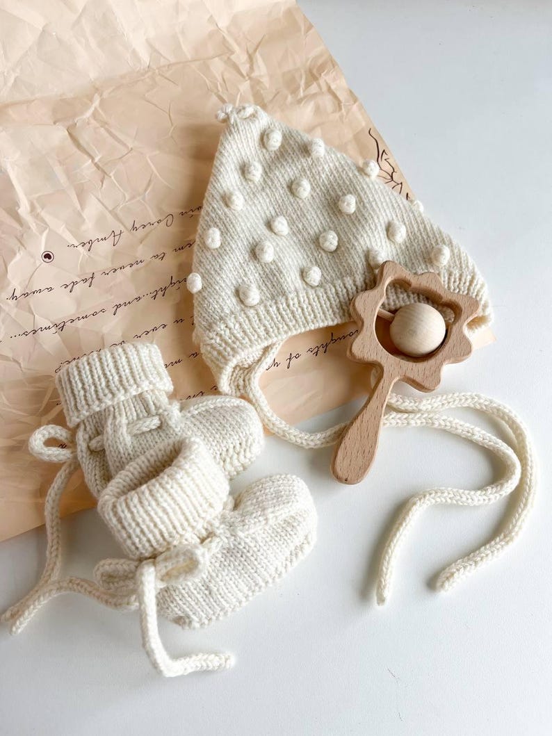 Knit Merino Wool Baby Set: Bonnet, Booties, and Rattle