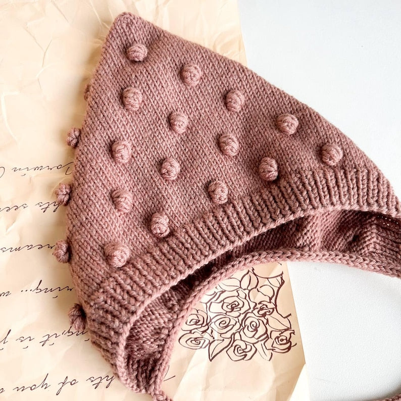 Knit Merino Wool Baby Outfit: Bonnet, Socks & Wooden Rattle